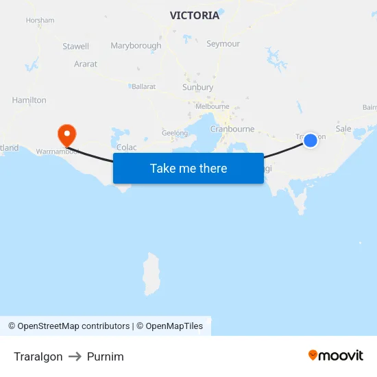 Traralgon to Purnim map