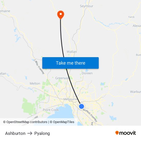 Ashburton to Pyalong map