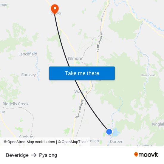 Beveridge to Pyalong map