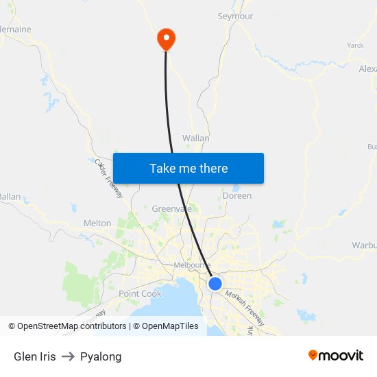 Glen Iris to Pyalong map