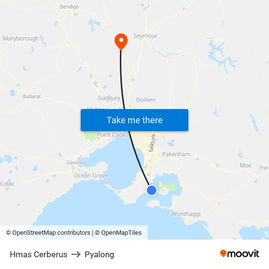 Hmas Cerberus to Pyalong map