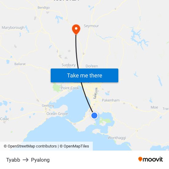 Tyabb to Pyalong map