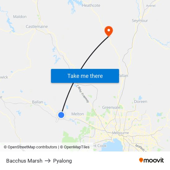 Bacchus Marsh to Pyalong map