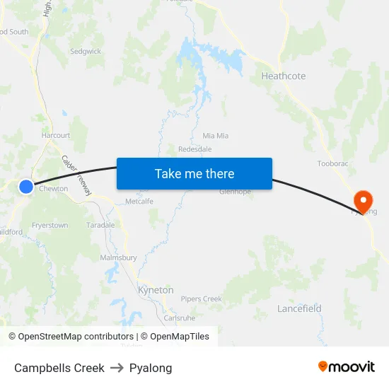 Campbells Creek to Pyalong map
