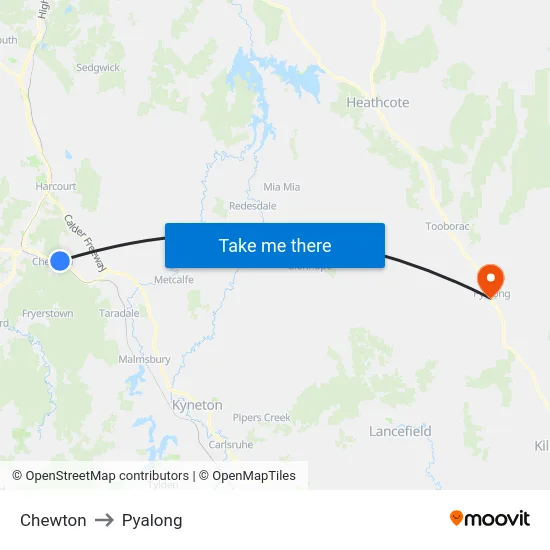 Chewton to Pyalong map