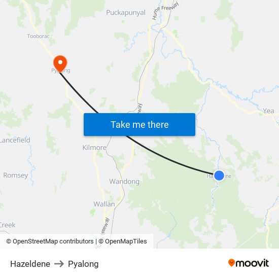 Hazeldene to Pyalong map