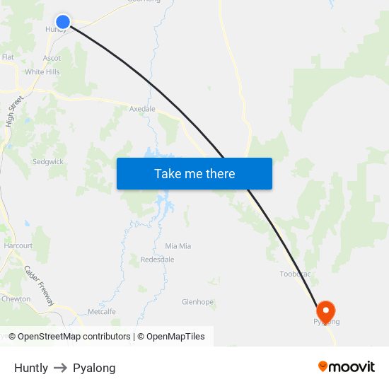 Huntly to Pyalong map