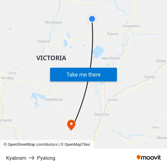 Kyabram to Pyalong map