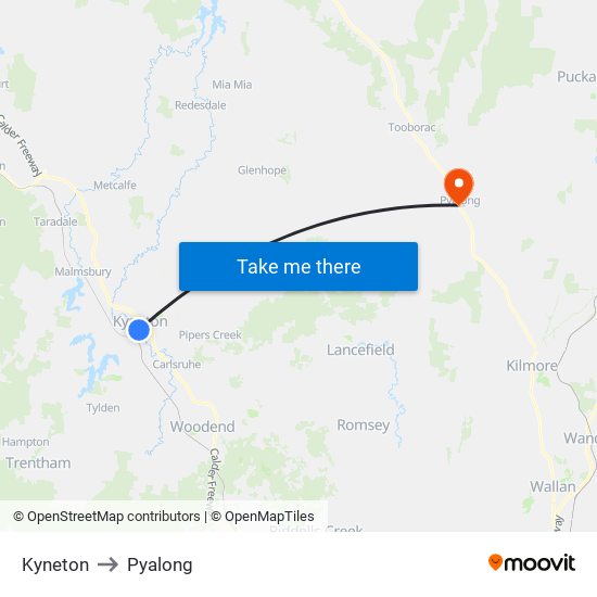 Kyneton to Pyalong map