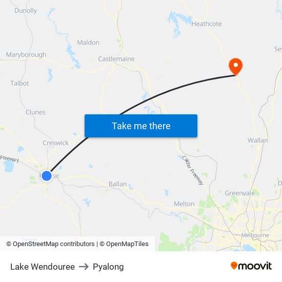 Lake Wendouree to Pyalong map