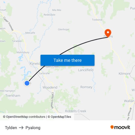 Tylden to Pyalong map