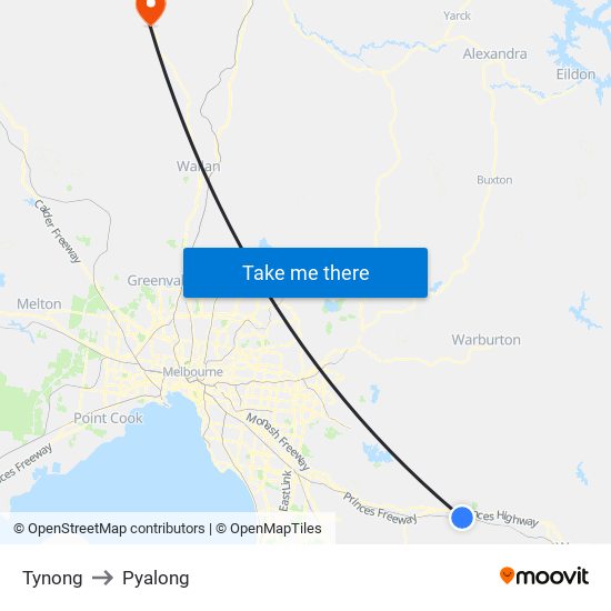 Tynong to Pyalong map