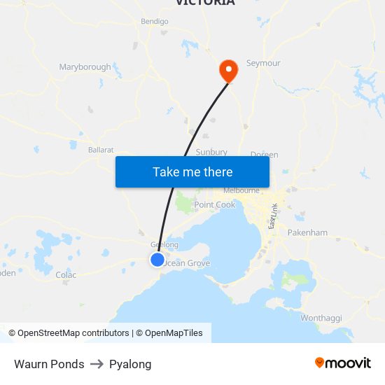 Waurn Ponds to Pyalong map