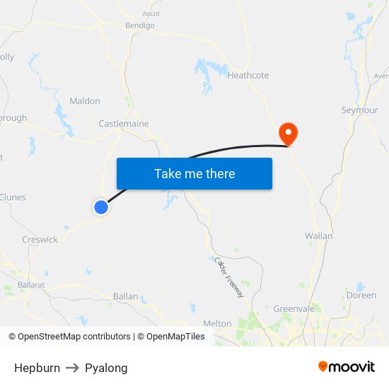 Hepburn to Pyalong map