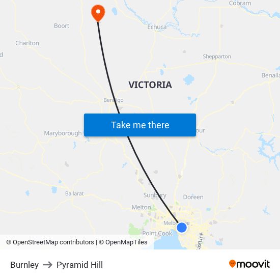 Burnley to Pyramid Hill map