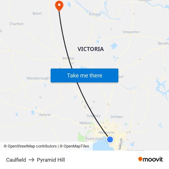 Caulfield to Pyramid Hill map