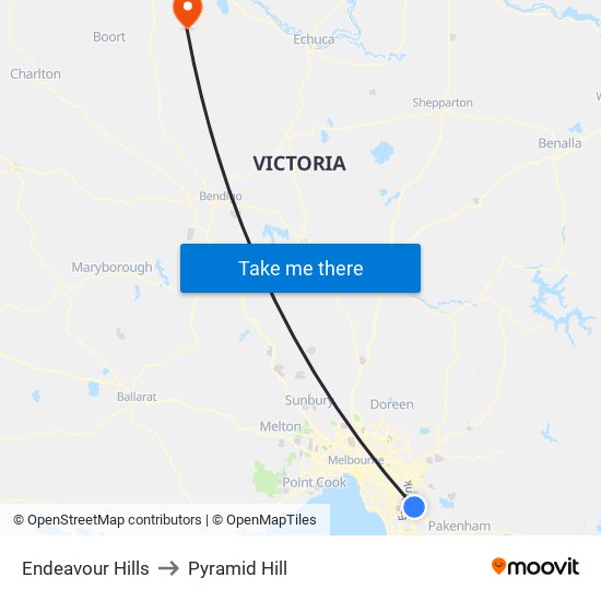 Endeavour Hills to Pyramid Hill map