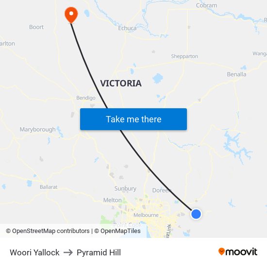 Woori Yallock to Pyramid Hill map