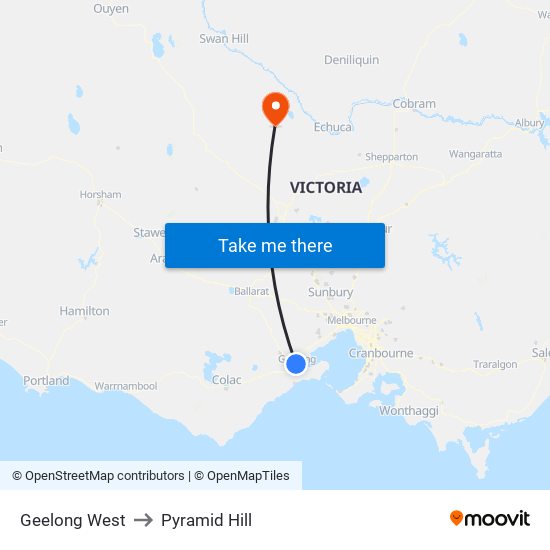 Geelong West to Pyramid Hill map