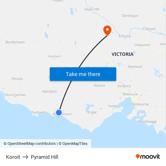 Koroit to Pyramid Hill map