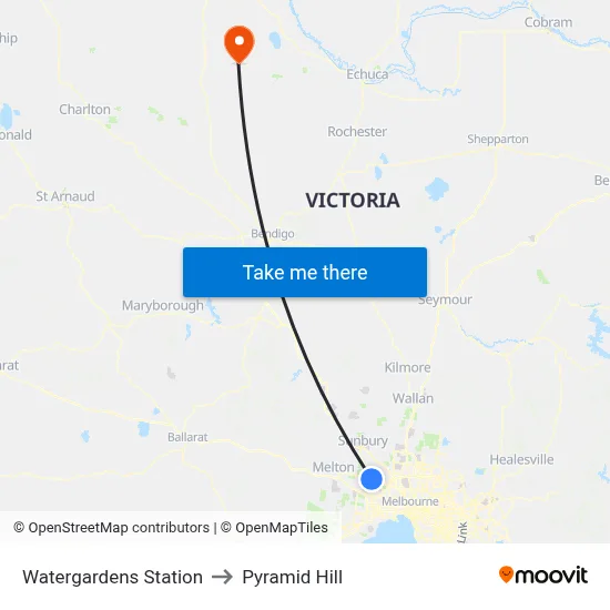 Watergardens Station to Pyramid Hill map
