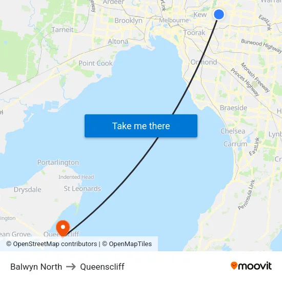 Balwyn North to Queenscliff map