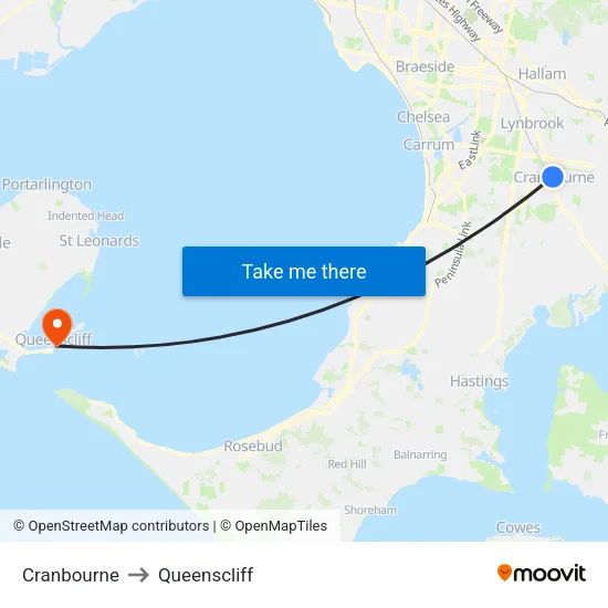 Cranbourne to Queenscliff map