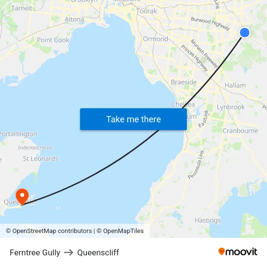 Ferntree Gully to Queenscliff map