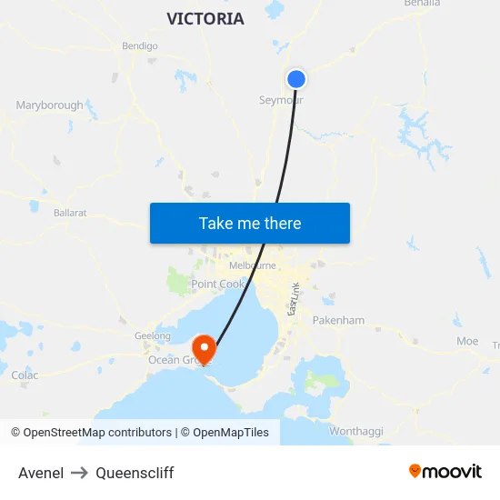 Avenel to Queenscliff map