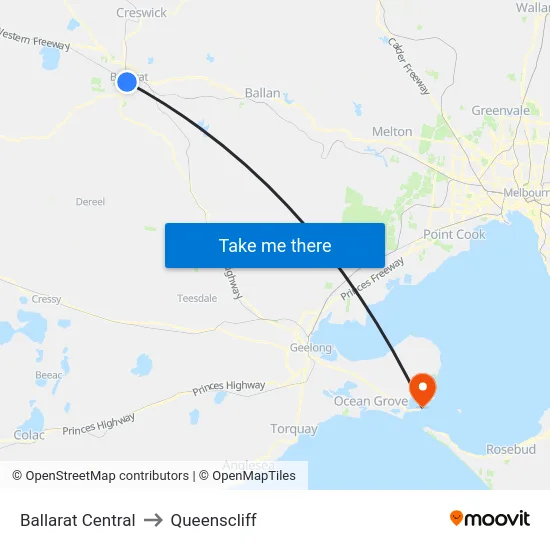 Ballarat Central to Queenscliff map