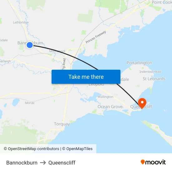 Bannockburn to Queenscliff map
