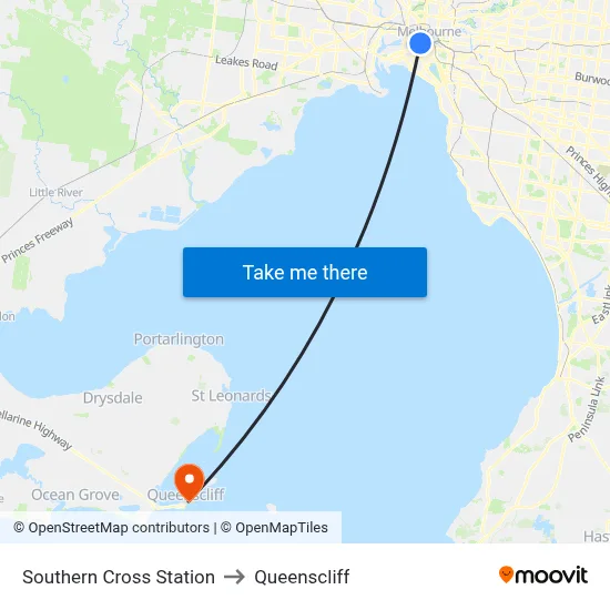 Southern Cross Station to Queenscliff map