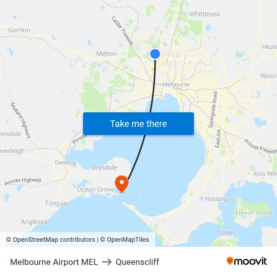 Melbourne Airport MEL to Queenscliff map