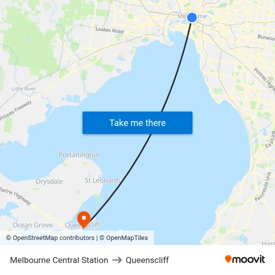 Melbourne Central Station to Queenscliff map
