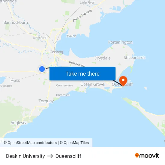 Deakin University to Queenscliff map