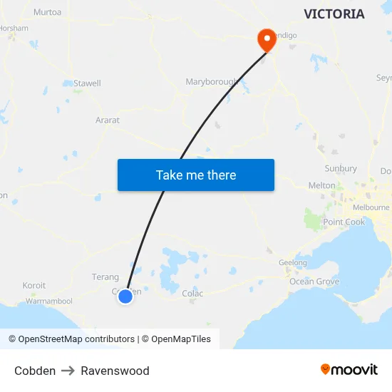 Cobden to Ravenswood map