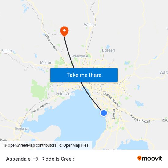 Aspendale to Riddells Creek map