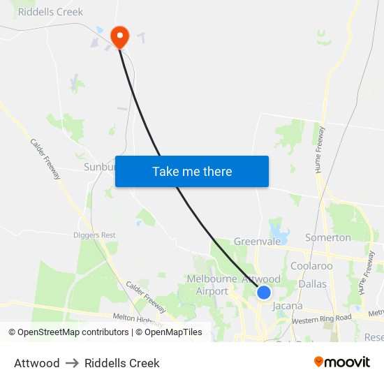 Attwood to Riddells Creek map