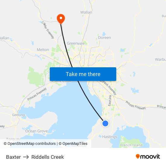 Baxter to Riddells Creek map