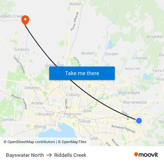 Bayswater North to Riddells Creek map