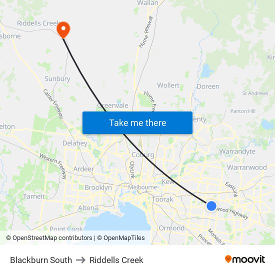 Blackburn South to Riddells Creek map