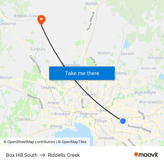 Box Hill South to Riddells Creek map