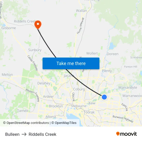 Bulleen to Riddells Creek map