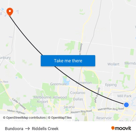 Bundoora to Riddells Creek map