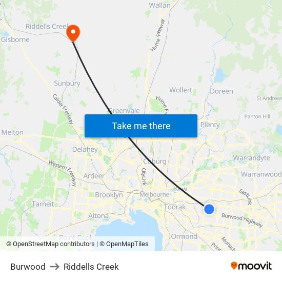 Burwood to Riddells Creek map