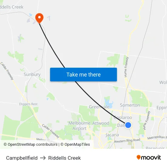 Campbellfield to Riddells Creek map