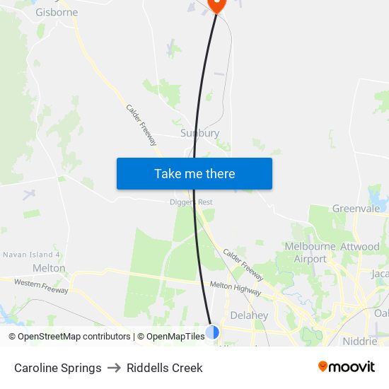 Caroline Springs to Riddells Creek map