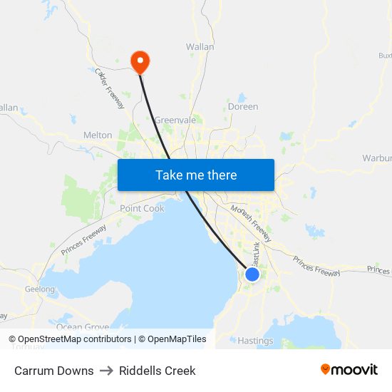 Carrum Downs to Riddells Creek map