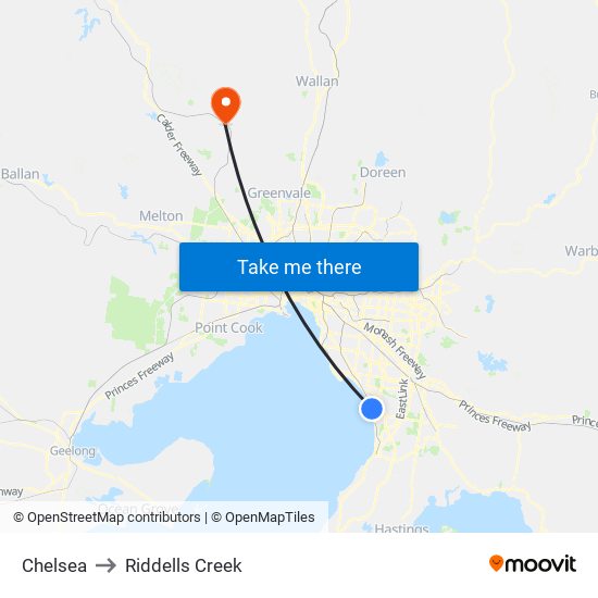 Chelsea to Riddells Creek map