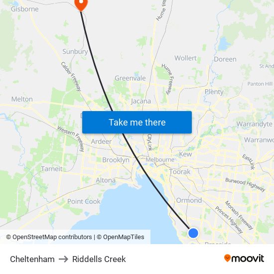 Cheltenham to Riddells Creek map